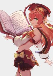 Rule 34 | 1girl, absurdres, bare shoulders, black bloomers, bloomers, book, bow, crop top, detached sleeves, from side, genshin impact, green eyes, half-closed eyes, highres, holding, holding book, huge filesize, long hair, long sleeves, looking at viewer, muitarou, pink hair, simple background, solo, underwear, white background, yanfei (genshin impact), yellow bow