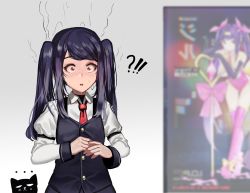 Rule 34 | !?, 1girl, alternate costume, bad id, bad pixiv id, blush, collared shirt, commentary request, ihobus, jill stingray, long hair, long sleeves, necktie, purple hair, purple vest, red eyes, red neckwear, shirt, sidelocks, sweat, swept bangs, twintails, va-11 hall-a, vest, white shirt, xiao chichi