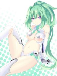 Rule 34 | 10s, 1girl, absurdres, bare shoulders, boots, breasts, cleavage, elbow gloves, gloves, green hair, green heart (neptunia), highres, large breasts, leaning back, light smile, long hair, looking at viewer, md5 mismatch, midriff, navel, neptune (series), ponytail, power symbol, purple eyes, ramu-on@ shinon, sitting, solo, source request, symbol-shaped pupils, thigh boots, thighhighs, underboob, vert (neptunia), very long hair, white footwear, white gloves, white thighhighs
