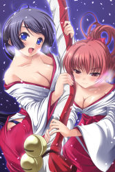 Rule 34 | 2girls, antenna hair, bell, black hair, blue eyes, blush, breasts, cleavage, hip vent, japanese clothes, jingle bell, large breasts, leaning forward, long hair, miko, multiple girls, night, night sky, no bra, off shoulder, outdoors, pierre yoshio, pie~ru yoshio, pink hair, ponytail, red eyes, side slit, sky, smile, snow, snowing