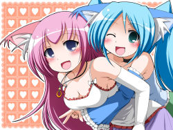 Rule 34 | 2girls, animal ears, blue eyes, blue hair, blush, bow, breasts, cat ears, cleavage, contemporary, detached sleeves, earth ekami, elbow gloves, frills, gloves, green eyes, hatsune miku, heart, hug, jewelry, long hair, megurine luka, multiple girls, one eye closed, open mouth, pendant, pink hair, shirt, sideboob, strapless, taut clothes, taut shirt, twintails, v, vocaloid, wink