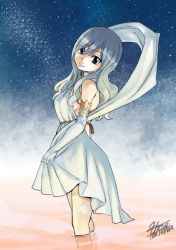 Rule 34 | 1girl, backless dress, backless outfit, blue eyes, blue hair, breasts, dress, fairy tail, from side, head tilt, juvia lockser, large breasts, long hair, looking at viewer, mashima hiro, official art, sideboob, signature, skirt hold, soaking feet, solo, tattoo, wading, water, white dress