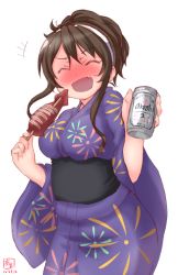 Rule 34 | 10s, 1girl, 2016, alternate costume, alternate hairstyle, artist name, ashigara (kancolle), beer can, blush, brand name imitation, breasts, brown hair, can, closed eyes, dated, drink can, drunk, fang, food, fooud, full-face blush, hairband, highres, ikayaki, japanese clothes, kanon (kurogane knights), kantai collection, kimono, large breasts, long hair, open mouth, simple background, smile, solo, squid, white background, wide sleeves, yukata