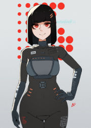 Rule 34 | 1chip msx, 1girl, armor, aurahack, black bodysuit, black hair, blue gloves, blunt bangs, bob cut, bodysuit, breastplate, breasts, cowboy shot, crotch plate, d-pad, eyeshadow, facing viewer, gloves, gradient background, grey background, grey bodysuit, hair ornament, hairclip, hand on own hip, highres, hitbit, legs together, looking at viewer, makeup, mascara, medium hair, microcomputer, msx, os-tan, parted lips, personification, red eyes, simple background, small breasts, smile, solo, sony, sony hitbit, standing, straight hair, thigh gap, watermark, wide hips