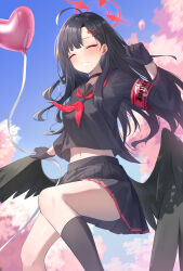 Rule 34 | 1girl, absurdres, armband, balloon, black choker, black gloves, black hair, black serafuku, black shirt, black skirt, black socks, black wings, blue archive, blue sky, breasts, cherry blossoms, choker, closed eyes, commentary request, feathered wings, feet out of frame, gloves, halo, hand up, heart balloon, highres, ichika (blue archive), kneehighs, long hair, long sleeves, low wings, medium breasts, midriff peek, neckerchief, outdoors, pleated skirt, red armband, red halo, red neckerchief, school uniform, sellf, serafuku, shirt, skirt, sky, smile, socks, solo, thighs, wings