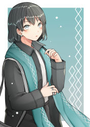 Rule 34 | 1girl, bad id, bad pixiv id, bag, black coat, black hair, black skirt, blue background, blue scarf, blush, coat, collared coat, commentary request, earrings, grey eyes, hair between eyes, hand up, jewelry, kurata rine, long sleeves, looking at viewer, open clothes, open coat, original, parted lips, ring, scarf, shirt, shoulder bag, skirt, solo, two-tone background, white background, white shirt