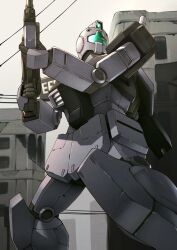 Rule 34 | absurdres, assault visor, building, city, commentary, earth federation space forces, gm (mobile suit), gun, gundam, gundam side story: rise from the ashes, highres, holding, holding gun, holding weapon, mecha, mobile suit, no humans, outdoors, power lines, robot, science fiction, shield, shield on back, solo, standing, takahashi masaki, turning head, weapon