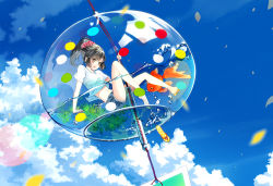 Rule 34 | 1girl, black hair, blue sky, breasts, brown eyes, bubble, cloud, day, fish, goldfish, gradient background, hair ornament, high ponytail, komochi, long hair, medium breasts, navel, open mouth, original, petals, ponytail, sandals, shirt, shorts, sky, solo, water, white shirt, wind chime, wind chime focus