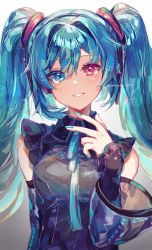 Rule 34 | 1girl, absurdres, alternate color, ayatsuki sugure, black shirt, blue eyes, blue hair, blue nails, blue ribbon, detached sleeves, hatsune miku, hatsune miku (nt), heterochromia, highres, long hair, looking at viewer, nail polish, neck ribbon, piapro, red eyes, ribbon, shirt, simple background, smile, solo, twintails, twitter username, two side up, upper body, vocaloid, white background