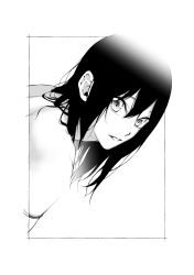 Rule 34 | 1girl, absurdres, close-up, framed, greyscale, hair between eyes, highres, long hair, looking at viewer, mole, mole under eye, monochrome, nude, original, parted lips, simple background, solo, usui seri, vice (kuronekohadokoheiku), white background