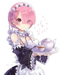 Rule 34 | 10s, 1girl, apron, breasts, cleavage, cup, detached collar, detached sleeves, dress, eyebrows, eyes visible through hair, frilled apron, frilled dress, frilled sleeves, frills, hair ornament, hair over one eye, highres, holding, holding tray, kyou hotaru, light smile, looking at viewer, maid, maid headdress, medium breasts, neck ribbon, pink eyes, pink hair, ram (re:zero), re:zero kara hajimeru isekai seikatsu, ribbon, ribbon-trimmed sleeves, ribbon trim, short hair, simple background, solo, sparkle, tea, teacup, teapot, tray, twitter username, underbust, white background, x hair ornament