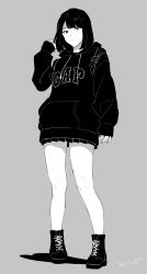 Rule 34 | 1girl, :&lt;, ankle boots, boots, closed mouth, cross-laced footwear, dated, full body, grey background, greyscale, hand up, highres, hood, hood down, hoodie, long sleeves, looking at viewer, miniskirt, monochrome, original, pigeon-toed, pleated skirt, signature, simple background, skirt, solo, yukiyoshi mamizu