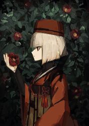 Rule 34 | 1girl, asa no ha (pattern), black eyes, blunt bangs, bush, camellia, color connection, fate/grand order, fate (series), flower, flower knot, from side, grey hair, highres, holding, holding flower, japanese clothes, kimono, medium hair, profile, red kimono, right-over-left kimono, sen no rikyu (fate), sen no rikyu (first ascension) (fate), solo, umeboitarou, upper body