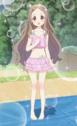 Rule 34 | 10s, anime screenshot, aoba kokona, barefoot, blush, brown hair, day, dot nose, hair ornament, hairclip, highres, long hair, open mouth, red eyes, screencap, sparkle, standing, stitched, swimsuit, third-party edit, yama no susume