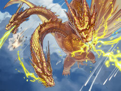 Rule 34 | aerial battle, aircraft, airplane, battle, blue sky, breath weapon, breathing lightning, cloud, cloudy sky, conjoined, day, dragon, electricity, energy, energy beam, f-15 eagle, f-15j, fighter jet, flying, godzilla (series), godzilla vs. king ghidorah, gravity beam, horns, hydra, japan air self-defense force, japan self-defense force, jet, kaijuu, king ghidorah, looking at viewer, military, military vehicle, mouth beam, multiple heads, multiple tails, no humans, sky, slit pupils, tail, toho, wings, yagi2013, yellow electricity, yellow eyes