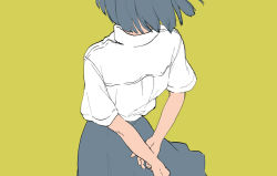 Rule 34 | 1girl, arms behind back, collared shirt, commentary request, cowboy shot, from behind, green background, grey hair, grey skirt, highres, original, shiki haru, shirt, shirt tucked in, short hair, short sleeves, simple background, skirt, solo, white shirt