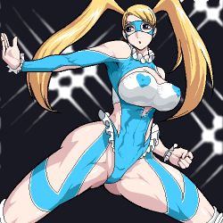 Rule 34 | 1990s (style), 1girl, abs, arena, bad id, bad pixiv id, bare shoulders, blonde hair, blue eyes, breasts, capcom, cleavage, cleavage cutout, clothing cutout, fjt (fjym2), fjym2, heart, large breasts, legs, leotard, lowres, mask, muscular, oekaki, rainbow mika, shoulder cutout, solo, street fighter, street fighter zero (series), thighs, twintails