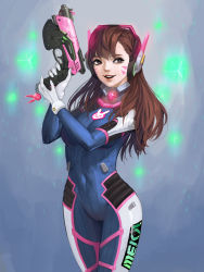 Rule 34 | 1girl, absurdres, acronym, animal print, armor, blue background, blue bodysuit, bodysuit, bracer, breasts, brown eyes, brown hair, charm (object), clothes writing, covered navel, cowboy shot, d.va (overwatch), eyelashes, facepaint, facial mark, gloves, glowing, gun, handgun, headphones, high collar, highres, holding, holding gun, holding weapon, hologram, long hair, looking at viewer, medium breasts, open mouth, overwatch, overwatch 1, pauldrons, pilot suit, pink lips, pistol, rabbit print, ribbed bodysuit, ryea hwa, shoulder armor, shoulder pads, skin tight, smile, solo, swept bangs, weapon, whisker markings, white gloves
