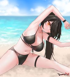 Rule 34 | 1girl, ara haan, armpits, arms up, artist request, beach, bikini, black bikini, black hair, blurry, blurry background, breasts, cameltoe, cleavage, day, depth of field, elsword, eyebrows hidden by hair, eyeliner, highres, horizon, large breasts, long hair, makeup, multi-strapped bikini, navel, one eye closed, orange eyes, outdoors, ponytail, red eyeliner, second-party source, shiny skin, solo, spread legs, strap gap, stretching, sweat, swimsuit, thigh strap, wristband