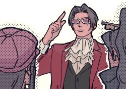 Rule 34 | 1boy, 2girls, ace attorney, ace attorney investigations, ascot, beret, black vest, closed mouth, ema skye, glasses, grey hair, hair intakes, hat, high ponytail, highres, index finger raised, jacket, kay faraday, key hair ornament, long hair, long sleeves, miles edgeworth, multiple girls, pink-tinted eyewear, red jacket, shirt, short hair, tinted eyewear, upper body, vest, white shirt, wwwsumiso