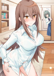 Rule 34 | 2girls, ^^^, black bow, blue panties, blue skirt, blush, bow, breasts, brown eyes, brown hair, closed mouth, collared shirt, commentary request, door, dress shirt, green eyes, green hair, hair between eyes, high-waist skirt, highres, indoors, kinona, leaning forward, long hair, medium breasts, multiple girls, no pants, original, panties, shirt, skirt, sliding doors, standing, sweat, toothbrush, underwear, v-shaped eyebrows, very long hair, white shirt, wooden floor