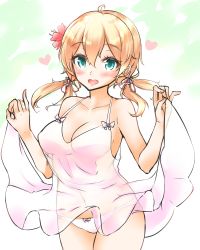 Rule 34 | 10s, 1girl, :d, ahoge, alternate costume, anchor hair ornament, aqua eyes, blonde hair, blush, bow, bow panties, breasts, camisole, camisole lift, cleavage, clothes lift, collarbone, cowboy shot, flower, geckolion, gradient background, hair flower, hair ornament, hair ribbon, heart, heart in mouth, hibiscus, kantai collection, lifted by self, long hair, looking at viewer, low twintails, medium breasts, navel, open mouth, panties, pink bow, pinky out, prinz eugen (kancolle), red ribbon, ribbon, see-through, sketch, smile, solo, standing, tareme, thighs, twintails, underwear, underwear only, white panties