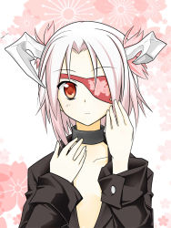 Rule 34 | 1girl, eyepatch, highres, horns, looking at viewer, open clothes, open shirt, original, ouka september, pink hair, red-eyes macadamiachoco, red eyes, shirt, short hair, solo
