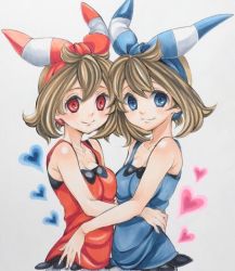 Rule 34 | 2girls, alternate color, bad id, bad pixiv id, blue eyes, blue ribbon, blue shirt, breasts, brown hair, cleavage, closed mouth, collarbone, creatures (company), dual persona, eyelashes, game freak, hair ornament, hair ribbon, heart, heart background, hug, looking at viewer, lowres, marker (medium), may (pokemon), medium breasts, medium hair, multiple girls, nintendo, pokemon, pokemon adventures, pokemon oras, red eyes, red ribbon, red shirt, ribbon, shirt, sleeveless, sleeveless shirt, smile, soma somari, symmetrical pose, traditional media, upper body, white background