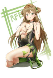 Rule 34 | 1girl, :q, ahoge, asymmetrical legwear, bare shoulders, blush, bow, breasts, brown hair, character name, choker, collarbone, covering breasts, covering privates, dog tags, double bun, dress, full body, girls&#039; frontline, green bow, green eyes, green legwear, hair between eyes, hair bow, hair bun, heart, highres, jewelry, long hair, looking at viewer, medium breasts, necklace, paint splatter, partially undressed, pixel (yuxian), rfb (girls&#039; frontline), sidelocks, skindentation, smile, socks, solo, striped clothes, striped legwear, striped socks, thigh strap, tongue, tongue out, uneven legwear, vertical-striped clothes, vertical-striped legwear, vertical-striped socks, zipper