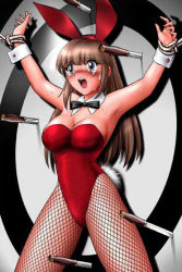 Rule 34 | 1girl, animal ears, bdsm, blush, bondage, bound, breasts, brown hair, cleavage, detached collar, fake animal ears, fishnet pantyhose, fishnets, hairband, knife, knife throwing, large breasts, leotard, long hair, open mouth, original, pantyhose, peril, playboy bunny, rabbit ears, rabbit tail, rope, scared, shingyouji tatsuya, solo, spread eagle, standing, sweat, tail, target, tears, throwing knife, weapon, wrist cuffs