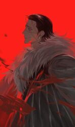 Rule 34 | 1boy, black hair, blood, blood on face, blood splatter, coat, crocodile (one piece), evil smile, from side, hair slicked back, highres, looking ahead, loose hair strand, male focus, mature male, one piece, profile, red theme, scar, scar on face, scar on nose, short hair, smile, solo, stitches, upper body, yayarunaway