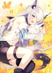 Rule 34 | 1girl, :3, :d, ahoge, animal, animal ear fluff, animal ears, animal hug, aqua eyes, black footwear, black shorts, black thighhighs, blue neckerchief, commentary request, detached sleeves, fox ears, fox shadow puppet, fox tail, heart, highres, hololive, homaderi, hood, hooded vest, hoodie, lying, navel, neckerchief, on side, one eye closed, open mouth, shirakami fubuki, shirakami fubuki (1st costume), short shorts, shorts, single thighhigh, smile, solo, strapless, sukonbu (shirakami fubuki), tail, thigh strap, thighhighs, vest, virtual youtuber, white hair, white sleeves, wide sleeves