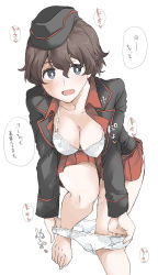 Rule 34 | 1girl, akaboshi koume, barefoot, black hat, black jacket, blue eyes, blush, breasts, bright pupils, brown hair, cleavage, commentary request, crotch seam, dress shirt, elf (stroll in the woods), garrison cap, girls und panzer, hat, heart, highres, insignia, jacket, kuromorimine military uniform, leaning forward, leg up, long sleeves, looking at viewer, medium breasts, military, military hat, military uniform, miniskirt, open clothes, open jacket, open mouth, panties, panty pull, pleated skirt, pulling own clothes, pussy juice, red shirt, red skirt, shirt, short hair, skirt, smile, solo, standing, standing on one leg, sweat, translated, underwear, uniform, wavy hair, white background, white panties, white pupils, wing collar