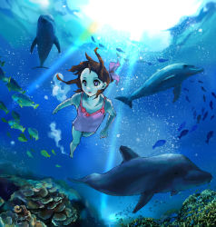 Rule 34 | 1girl, bow, brown hair, camisole, commentary request, coral reef, dolphin, eon (greencastle), fish, full body, hair bow, light rays, medium hair, ocean, open mouth, original, pink bow, pink camisole, purple eyes, school of fish, solo, swimming, underwater, water