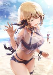 Rule 34 | 2girls, azur lane, bare shoulders, bikini, blonde hair, blue eyes, blush, breasts, commentary request, cross, hair ornament, highres, iron cross, javelin (azur lane), javelin (beach picnic!) (azur lane), lefthand, looking at viewer, medium breasts, multiple girls, open mouth, ponytail, purple hair, see-through, short hair, smile, swimsuit, z23 (azur lane), z23 (breezy doubles) (azur lane)