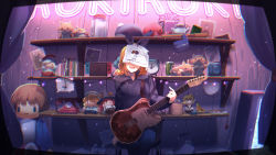 Rule 34 | 1girl, alarm clock, antique phone, arm support, banana, blonde hair, camera, character request, chromatic aberration, clock, covered eyes, curtains, denim, doll, facing viewer, food, fruit, guitar, head tilt, highres, holding, holding instrument, hood, hood down, hoodie, indoors, instrument, jar, jeans, kagamine len, kagamine rin, leaning to the side, legs together, making-of available, medium hair, nintendo switch, on chair, open mouth, orange hair, pants, phone, roki (vocaloid), rotary phone, rubik&#039;s cube, shelf, shijohane, sitting, smile, string of light bulbs, target, teapot, vocaloid