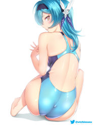Rule 34 | 1girl, ass, back cutout, blue hair, blue one-piece swimsuit, clothing cutout, competition swimsuit, etchimune, eula (genshin impact), feet, from behind, genshin impact, hair ornament, hairband, knee up, looking at viewer, looking back, one-piece swimsuit, own hands together, sitting, skin tight, skindentation, smile, solo, swimsuit, yellow eyes