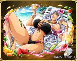 Rule 34 | 1girl, barefoot, bikini, blue eyes, bracelet, breasts, charlotte smoothie, female focus, flower, flower on head, food, fruit, hair over one eye, jewelry, juice, large breasts, lipstick, long hair, long legs, looking at viewer, makeup, navel, necklace, official art, one piece, one piece: treasure cruise, rose, solo, sweat, swimsuit, tattoo, underboob, white hair