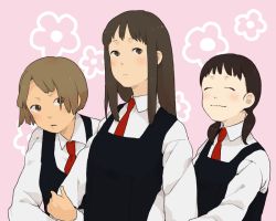 Rule 34 | 3girls, ^ ^, arm hug, arms at sides, blouse, brown hair, closed eyes, collared shirt, dress, frown, mosuko, multiple girls, pinafore dress, pink background, school uniform, shirt, sleeveless dress, tagme, twintails, wavy mouth, white shirt