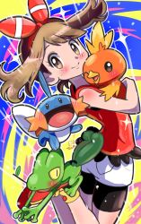 Rule 34 | 1girl, bare arms, bike shorts, bike shorts under shorts, blush, bow hairband, brown eyes, brown hair, closed mouth, commentary request, creatures (company), eyelashes, floating hair, game freak, gen 3 pokemon, hairband, highres, holding, holding pokemon, legs up, looking at viewer, may (pokemon), mudkip, nintendo, outline, pokemon, pokemon (creature), pokemon oras, red hairband, red shirt, sheyona, shirt, shoes, shorts, sleeveless, sleeveless shirt, smile, sparkle, starter pokemon trio, torchic, treecko, white shorts, yellow footwear