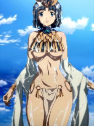 Rule 34 | 10s, 1girl, absurdres, black hair, blue eyes, blush, breasts, curvy, earrings, highres, jewelry, large breasts, loincloth, looking at viewer, lots of jewelry, menace (queen&#039;s blade), panties, queen&#039;s blade, queen&#039;s blade rebellion, queen&#039;s blade vanquished queens, screencap, short hair, sky, smile, solo, standing, stitched, third-party edit, underboob, underwear, wet, wet clothes