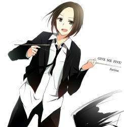 Rule 34 | 1girl, :d, akb48, bad id, bad pixiv id, brown eyes, brown hair, drumsticks, english text, formal, jacket, kataomoi finally, matsui jurina, necktie, open clothes, open jacket, open mouth, sao (0060), short hair, ske48, smile