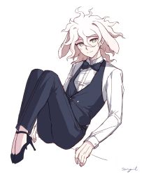 Rule 34 | 1boy, absurdres, animal ears, artist name, black bow, black bowtie, black pants, black vest, bow, bowtie, closed mouth, collared shirt, commentary request, danganronpa (series), danganronpa 2: goodbye despair, full body, grey background, hair between eyes, high heels, highres, knees up, komaeda nagito, long sleeves, looking at viewer, male focus, pants, rabbit ears, shirt, shoes, simple background, smile, solo, songmil, vest, white hair, white shirt