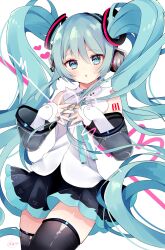 Rule 34 | 1girl, absurdres, aqua eyes, aqua hair, black thighhighs, blush, commentary, detached sleeves, hair between eyes, hands on own chest, hands up, hatsune miku, hatsune miku (nt), headphones, headset, highres, koyubisennti, long hair, nail polish, necktie, own hands together, parted lips, piapro, pleated skirt, shirt, shoulder tattoo, sidelocks, skirt, sleeves past wrists, solo, tattoo, thighhighs, twintails, very long hair, vocaloid, white shirt, zettai ryouiki