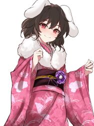 Rule 34 | 1girl, alternate costume, animal ears, black hair, blush, closed mouth, fingernails, floral print, from below, fur-trimmed kimono, fur trim, hands up, highres, inaba tewi, japanese clothes, kimono, looking at viewer, obi, orchid (orukido), pink kimono, print kimono, rabbit ears, red eyes, sash, seigaiha, simple background, smile, solo, touhou, white background, wide sleeves