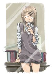 Rule 34 | 10s, 1girl, book, bracelet, cellphone, commentary request, dagashi kashi, endou saya, hair ornament, hairclip, highres, jewelry, kotoyama, leaning on object, light brown hair, long hair, long sleeves, phone, sanpaku, school uniform, skirt, solo, sweater, sweater vest, wall