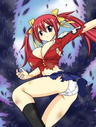 Rule 34 | 1girl, angry, ass, blue eyes, blue skirt, blush, breasts, cleavage, commentary, daitachan, fairy tail, hair ornament, highres, large breasts, long hair, looking at viewer, panties, red hair, red shirt, ribbon, sheria blendy, shirt, skirt, solo, stain, torn clothes, twintails, underwear