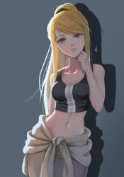 Rule 34 | 1girl, bad id, bad pixiv id, blonde hair, blue background, blue eyes, breasts, cleavage, cowboy shot, earrings, fullmetal alchemist, highres, jewelry, long hair, looking at viewer, medium breasts, midriff, navel, ponytail, simple background, solo, standing, swept bangs, tank top, winry rockbell, zyl