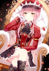 Rule 34 | 1girl, absurdres, black footwear, black skirt, blush, boots, breasts, closed mouth, crossed legs, fate/grand order, fate (series), gloves, hat, highres, junpaku karen, knee boots, long hair, looking at viewer, medb (alluring chief warden look) (fate), medb (fate), medium breasts, pink hair, red hat, sitting, skirt, solo, white gloves, yellow eyes