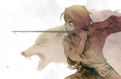 Rule 34 | 1girl, a song of ice and fire, arya stark, beanclam, brown hair, female focus, reverse trap, short hair, solo, sword, weapon, wolf, yellow eyes